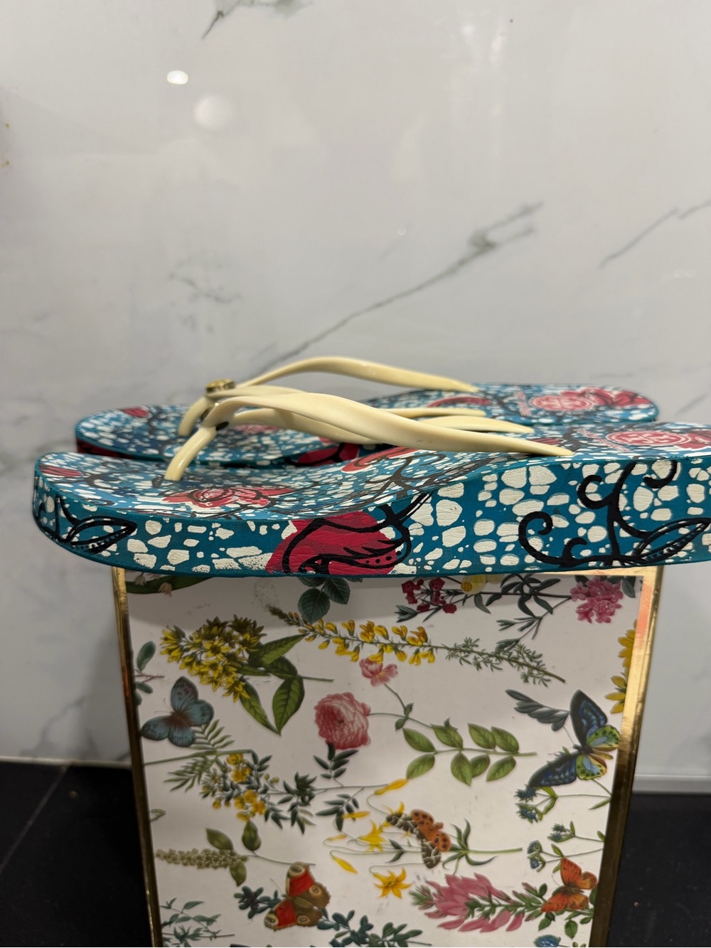 Tory Burch Teal Floral Flip Flops with Cream Straps
